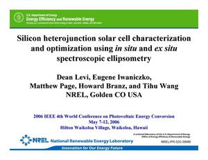 Silicon Heterojunction Solar Cell Characterization and Optimization Using In Situ and Ex Situ Spectroscopic Ellipsometry