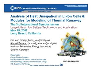 Analysis of Heat Dissipation in Li-Ion Cells & Modules for Modeling of Thermal Runaway