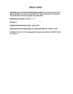 Errata Sheet for Post-Closure Inspection and Monitoring Report for Corrective Action Unit 342: Area 23 Mercury Fire Training Pit, Nevada Test Site, Nevada