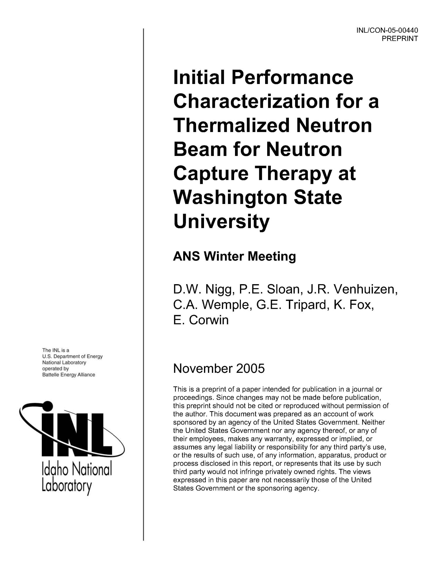 Initial Performance Characterization for a Thermalized Neutron Beam for Neutron Capture Therapy Research at Washington State University
                                                
                                                    [Sequence #]: 1 of 4
                                                