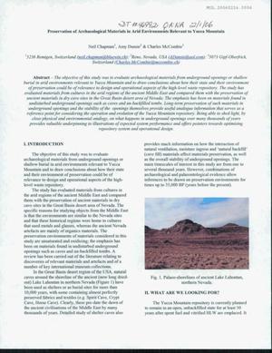 PRESERVATION OF ARCHAEOLOGICAL MATERIALS IN ARID ENVIRONMENTS RELEVANT TO YUCCA MOUNTAIN