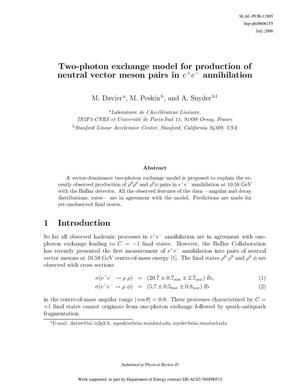 Two-Photon Exchange Model for Production of Neutral Meson Pairs in e+ e- Annihilation