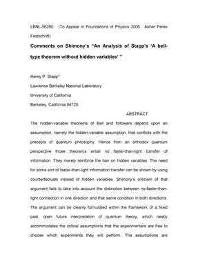 Comments on Shimony's 'An Analysis of Stapp's 'A bell-type theoremwithout hidden variables''
