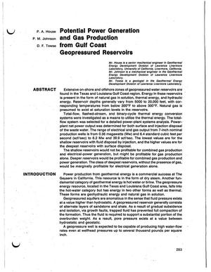 Potential power generation and gas production from Gulf Coast Geopressured Reservoirs