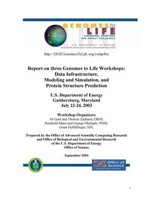 Report on three Genomes to Life Workshops: Data Infrastructure, Modeling and Simulation, and Protein Structure Prediction