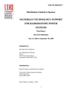 Materials Technology Support for Radioisotope Power Systems Final Report