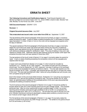 Errata Sheet for Post-Closure Inspection and Monitoring Report for Corrective Action Unit 110: Area 3 WMD U-3ax/bl Crater, Nevada Test Site, Nevada
