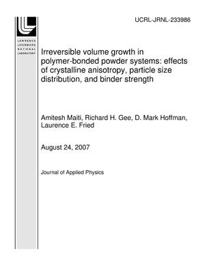 Irreversible volume growth in polymer-bonded powder systems: effects of crystalline anisotropy, particle size distribution, and binder strength