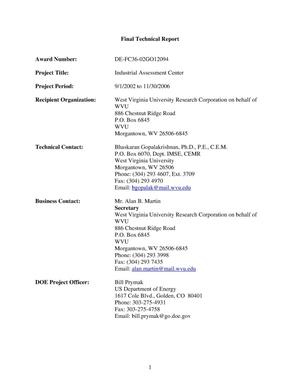 Final Technical Report for Industrial Assessment Center at West Virginia University