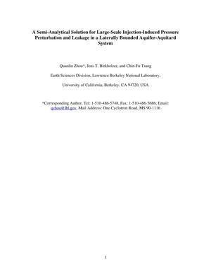 A Semi-Analytical Solution for Large-Scale Injection-Induced PressurePerturbation and Leakage in a Laterally Bounded Aquifer-AquitardSystem