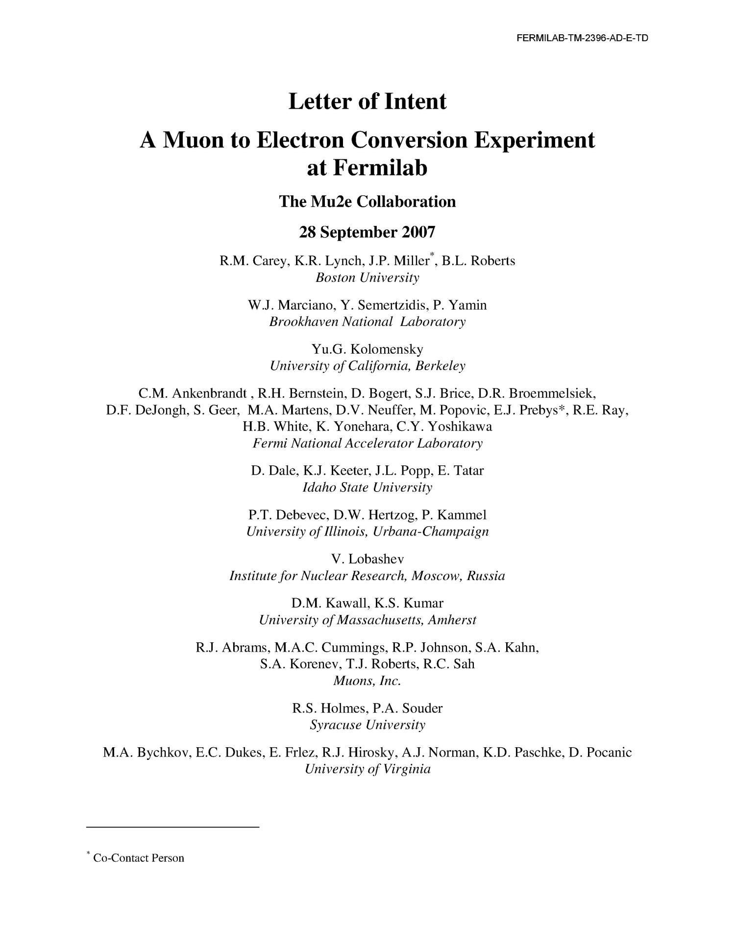 Letter Of Intent A Muon To Electron Conversion Experiment At Fermilab Unt Digital Library