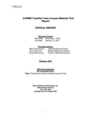 CANMET Gasifier Liner Coupon Material Test Report