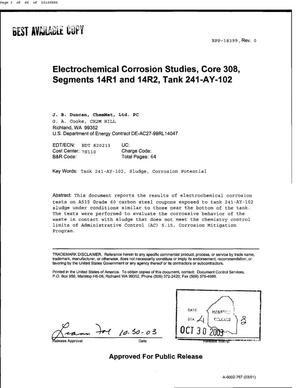 ELECTROCHEMICAL CORROSION STUDIES CORE 308 SEGMENTS 14R1 & 14R2 TANK 241-AY-102