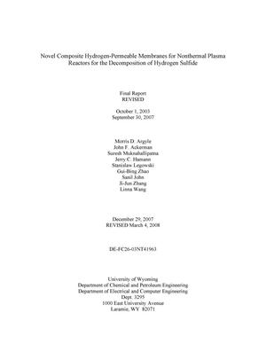 Novel Composite Hydrogen-Permeable Membranes for Nonthermal Plasma Reactors for the Decomposition of Hydrogen Sulfide