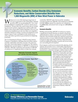 Economic Benefits, Carbon Dioxide (CO2) Emissions Reductions, and Water Conservation Benefits from 1000 Megawatts (MW) of New Wind Power in Nebraska (Fact Sheet)