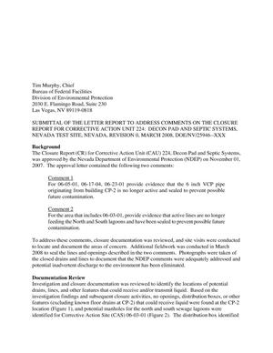 Letter Report to Address Comments on the Closure Report for Corrective Action Unit 224: Decon Pad and Septic Systems, Nevada Test Site, Nevada, Revision 0, March 2008