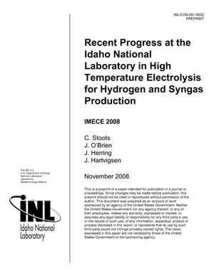 Recent Progress At The Idaho National Laboratory In High Temperature Electrolysis For Hydrogen And Syngas Production