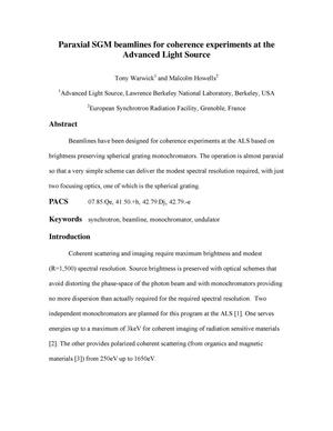 Paraxial SGM beamlines for coherence experiments at the Advanced Light Source