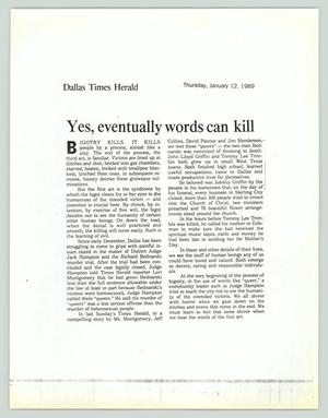 [Photocopied Dallas Times Herald editorial: Yes, eventually words can kill]