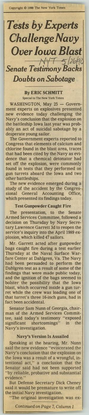 [Clipping: Tests by experts challenge Navy over Iowa blast]