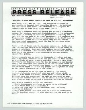 Primary view of object titled '[Press release: Response to Ross Perot comments on gays in military, government]'.