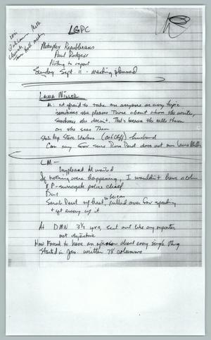 Primary view of object titled '[Copy of handwritten notes: Lesbian Gay Political Coalition - Metroplex Republicans]'.