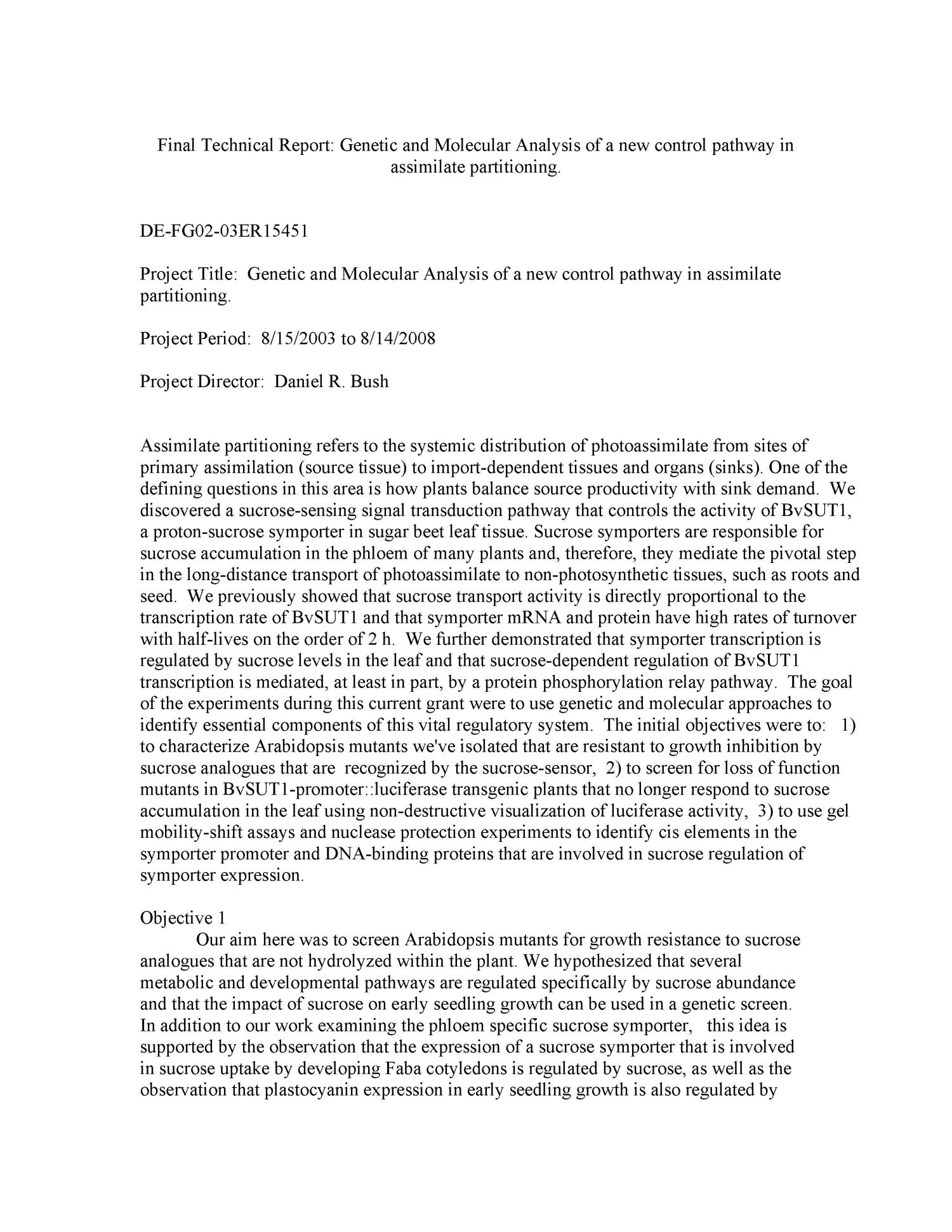 Final Technical Report: Genetic and Molecular Analysis of a new control ...