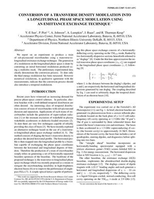 Conversion of a transverse density modulation into a longitudinal phase space modulation using an emittance exchange technique