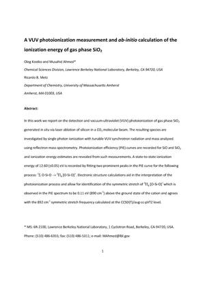 A VUV photoionization measurement and ab-initio calculation of the ionization energy of gas phase SiO2