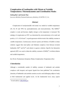 Complexation of Lanthanides with Nitrate at Variable Temperatures: Thermodynamics and Coordination Modes