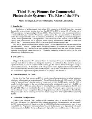 Third-Party Finance for Commercial Photovoltaic Systems: The Rise of the PPA