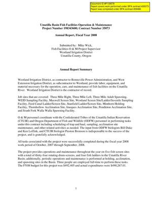 Umatilla Basin Fish Facilities Operation & Maintenance : Annual Report Fiscal Year 2008.