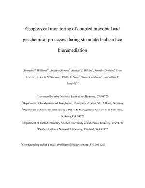 Geophysical monitoring of coupled microbial and geochemical processes during stimulated subsurface bioremediation