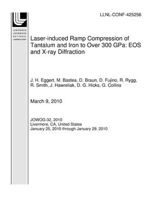 Laser-induced Ramp Compression of Tantalum and Iron to Over 300 GPa: EOS and X-ray Diffraction