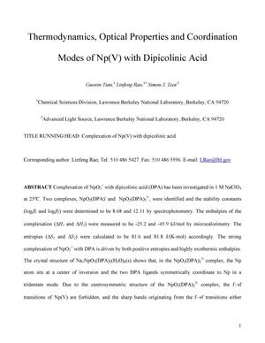 Thermodynamics, Optical Properties and Coordination Modes of Np(V) with Dipicolinic Acid
