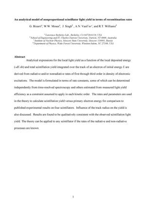 An analytical model of nonproportional scintillator light yield in terms of recombination rates