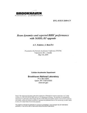 Beam dynamics and expected RHIC performance with 56MHz RF upgrade