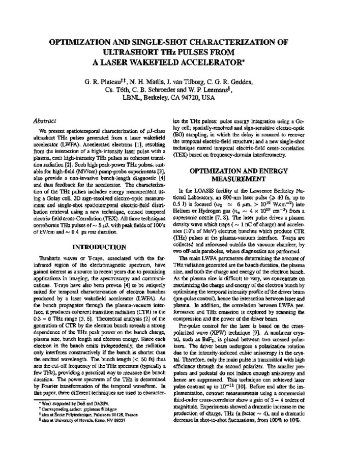 Optimization And Single Shot Characterization Of Ultrashort Thz Pulses From A Laser Wakefield Accelerator Unt Digital Library