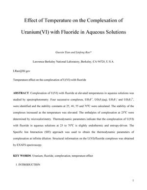Effect of temperature on the complexation of Uranium(VI) with fluoride in aqueous solutions