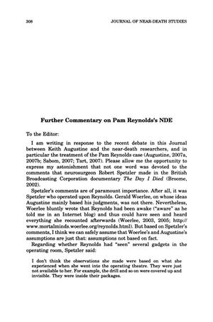 Primary view of object titled 'Letter to the Editor: Further Commentary on Pam Reynolds's NDE'.