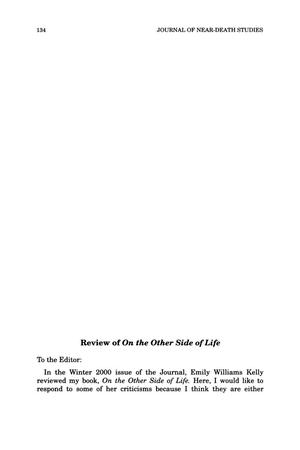 Primary view of object titled 'Letter to the Editor: Review of On the Other Side of Life'.