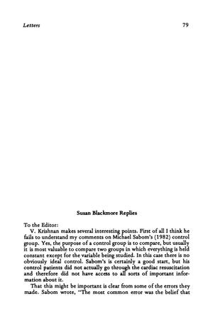 Primary view of object titled 'Letter to the Editor: Susan Blackmore Replies [to V. Krishnan]'.
