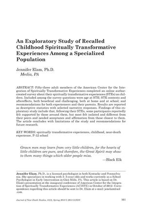 Primary view of object titled 'An Exploratory Study of Recalled Childhood Spiritually Transformative Experiences Among a Specialized Population'.