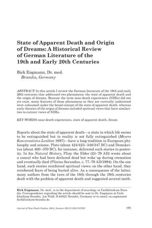 State of Apparent Death and Origin of Dreams: A Historical Review of German Literature of the 19th and Early 20th Centuries