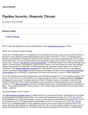 Pipeline Security: Domestic Threats