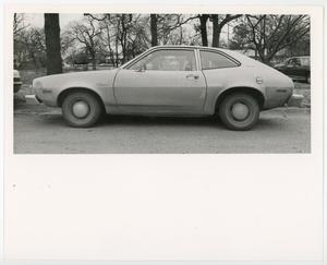 [A 1970s Ford Pinto parked near trees]