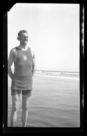 [Byrd Williams, Jr. in his bathing suit on the beach]