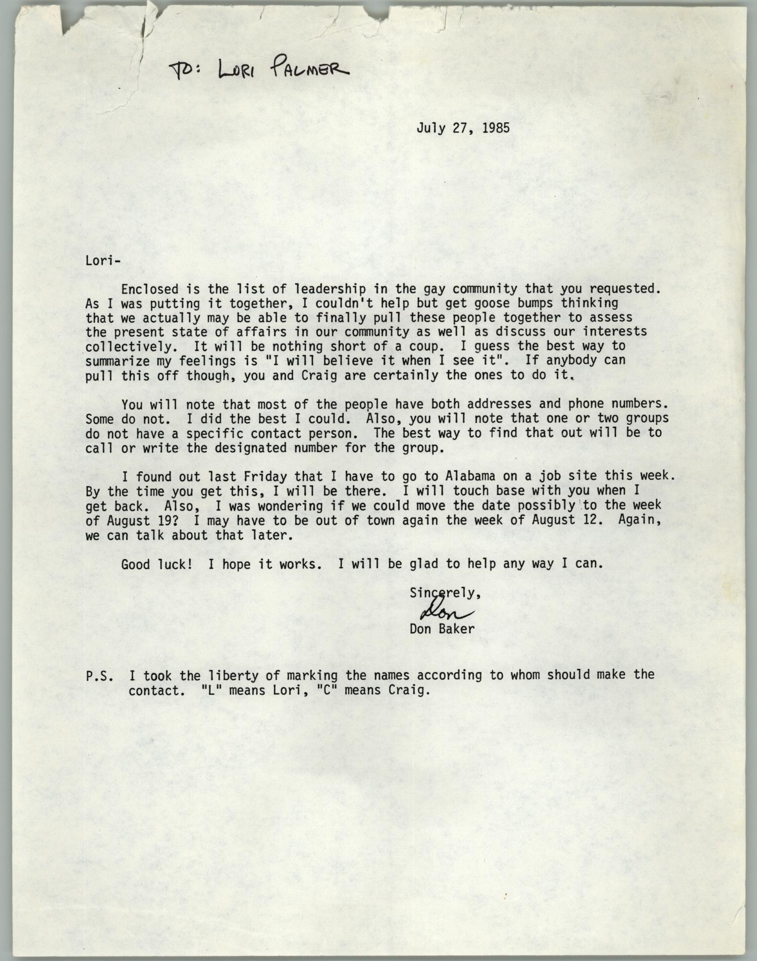 [Letter from Don Baker to Lori Palmer regarding leadership in the gay community]
                                                
                                                    [Sequence #]: 1 of 2
                                                
