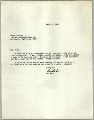 Primary view of object titled '[Letter from Don Baker to filmmaker Frank Tudisco regarding the film Trip to Bountiful]'.