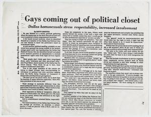 [Copy of Dallas Morning News clipping: Gays coming out of political closet]